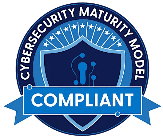 Circular emblem reading “Cybersecurity Maturity Model” with a shield icon in the center and a banner across the bottom labeled “Compliant.”